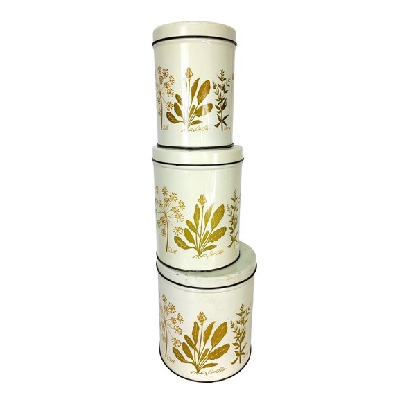 VTG MCM Botanical "Herbs" Nesting Storage Tins Set of Three Storage Canisters - Picture 4 of 16